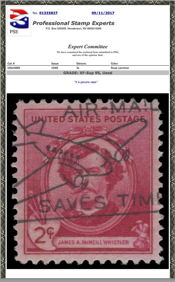 #885 Used, PSE Graded 95, Cert # 01335827