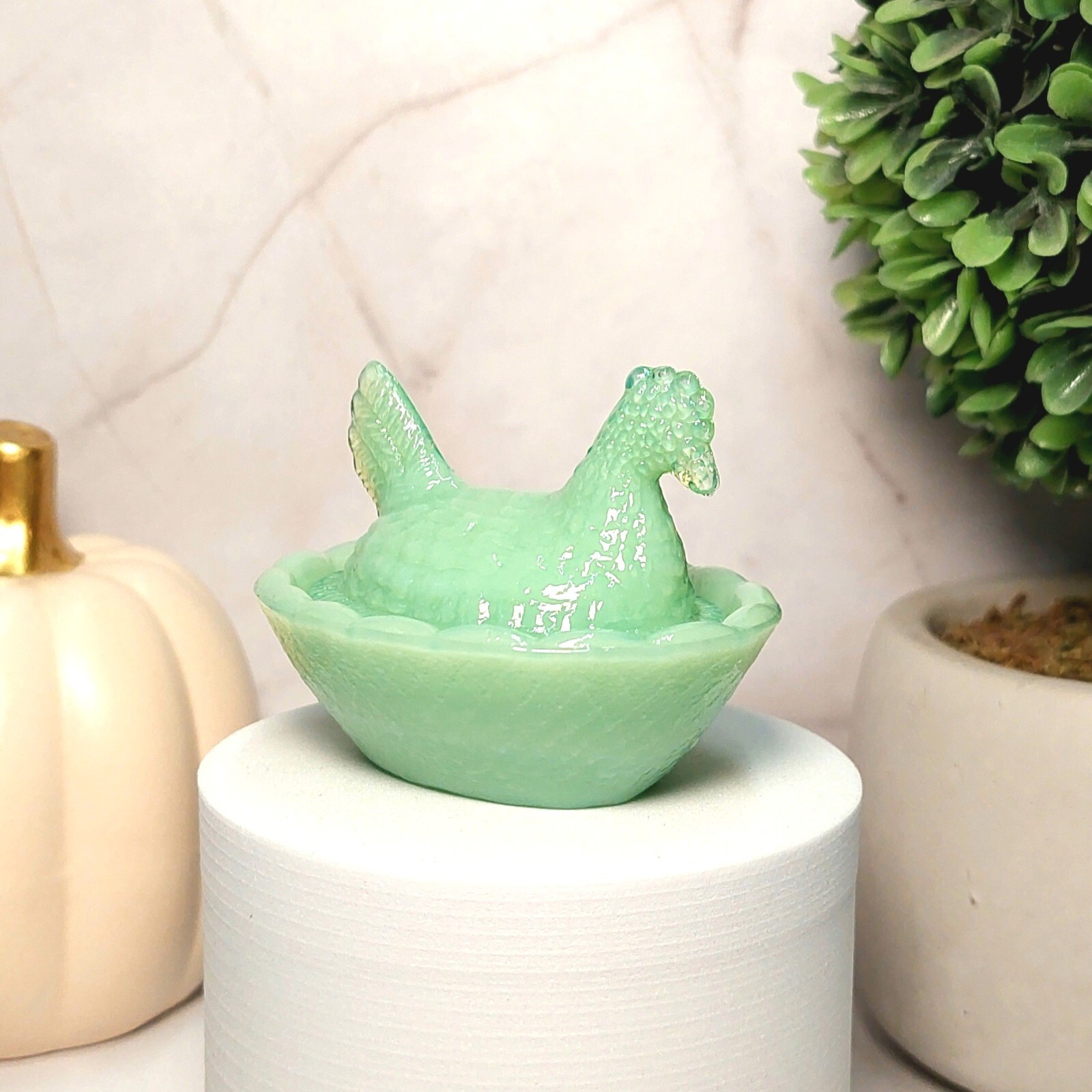 Jadeite Depression Style Glass Hen On Nest Chicken Salt Cellar Dish, VTG Style