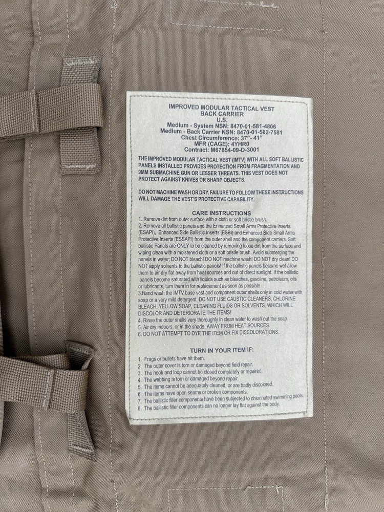 USMC MTV Modular Tactical Vest w/ Soft Inserts Medium Coyote Complete Set