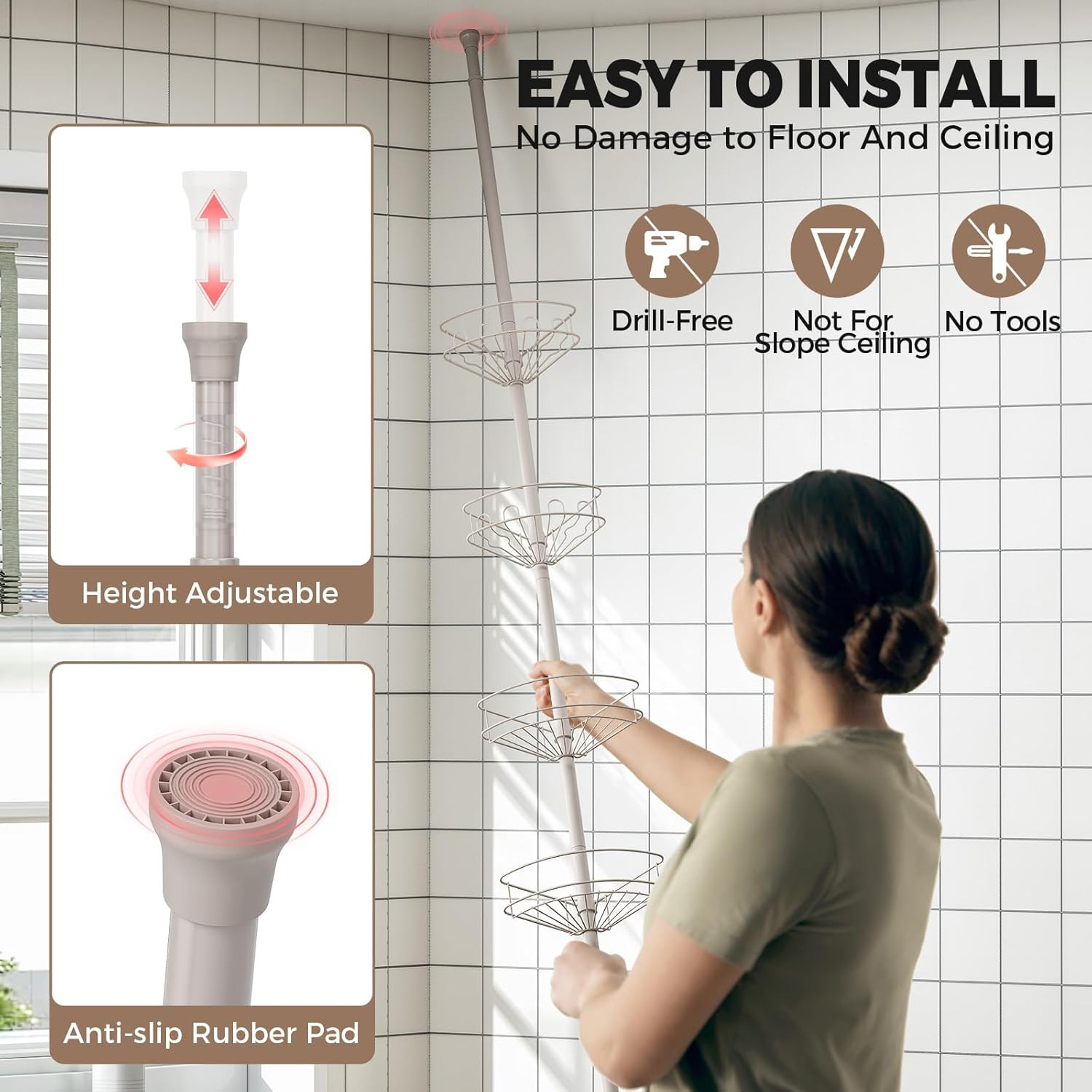 Corner Shower Caddy Tension Pole, 4 Tier Adjustable Bathroom Organizer Shelves,