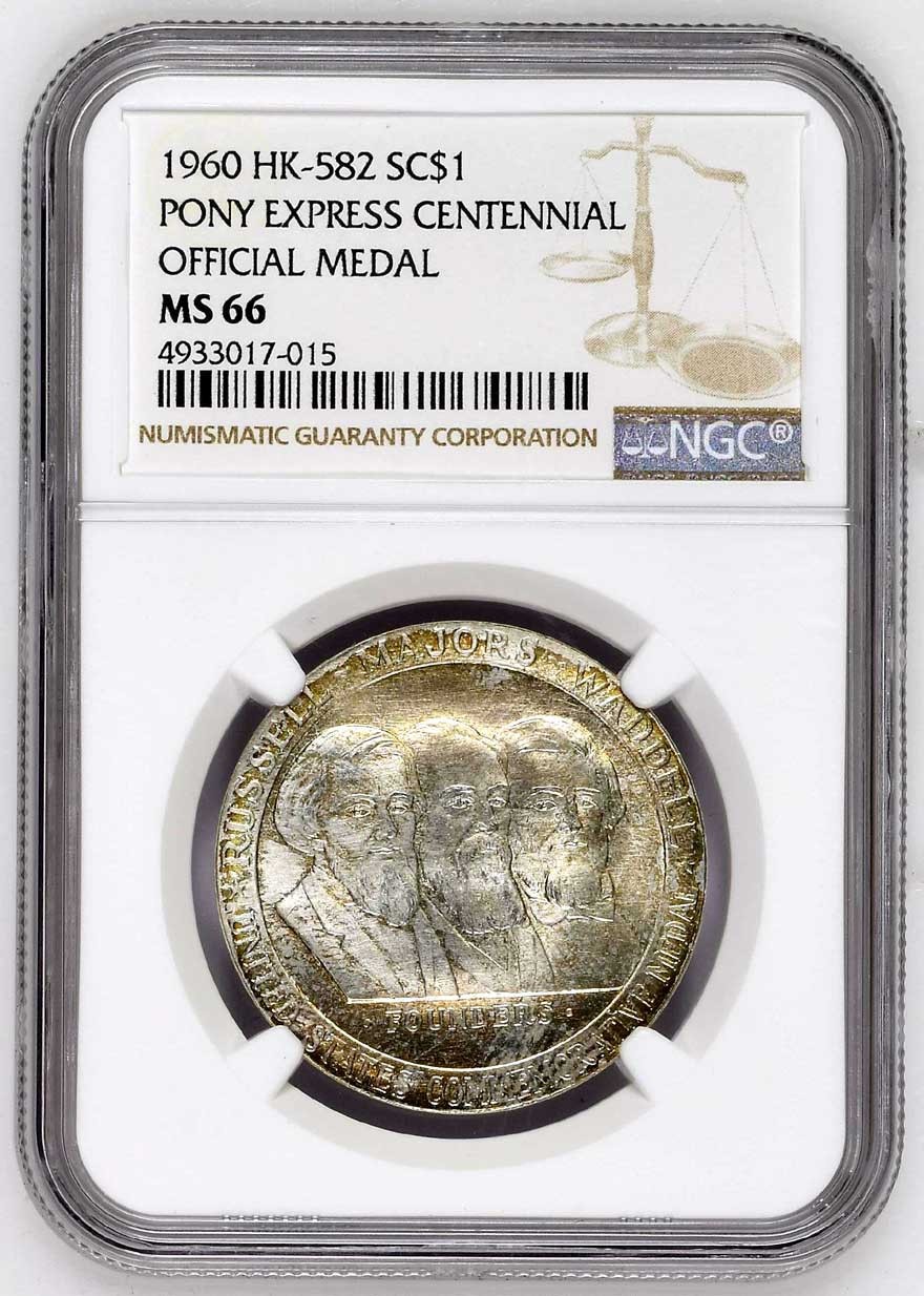 1960 HK-582 : NGC MS 66 : Gem SILVER Pony Express Centennial Off. Medal ASW 0.83