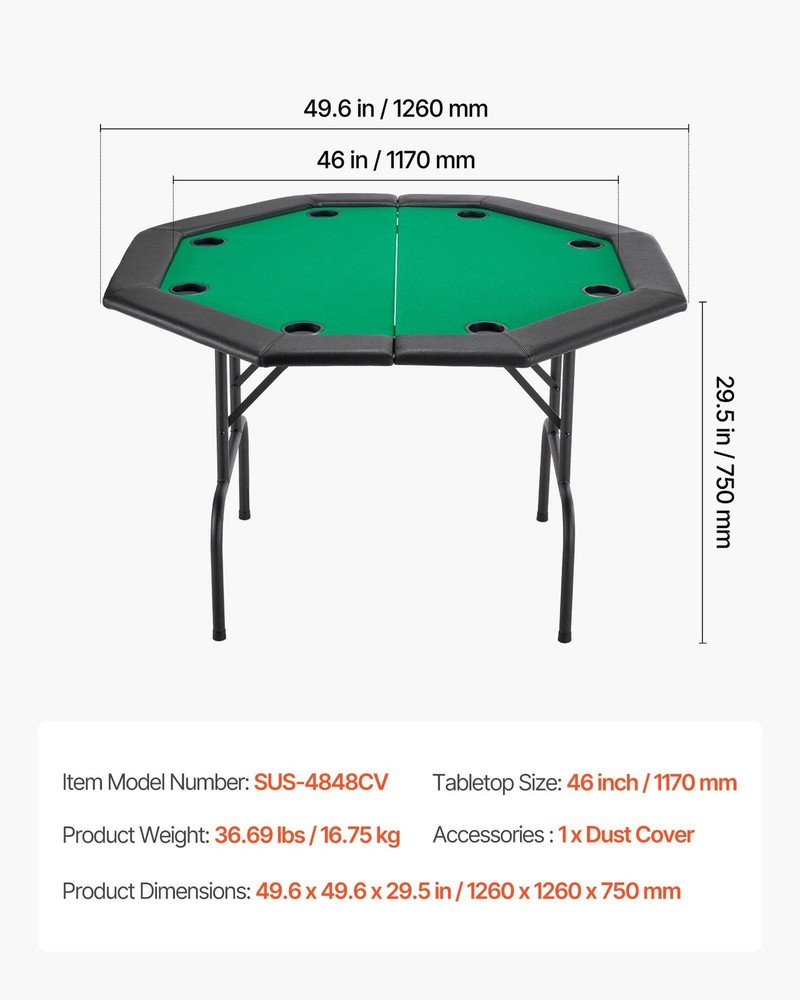48in Expandable Poker Table Octagonal Foldable Design for 8 Players