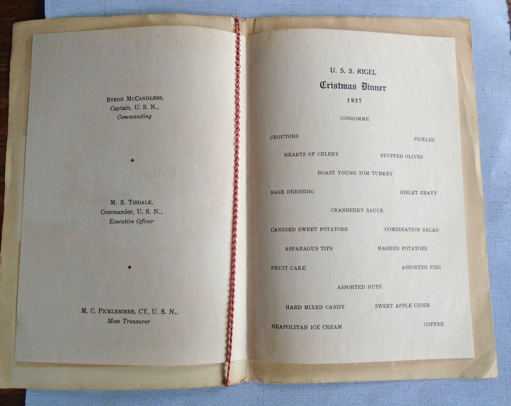USS Rigel 1937 Christmas Dinner menu