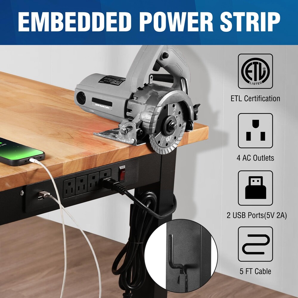 WORKPRO 48" Adjustable Height Workbench Hardwood Work Table Power Outlets 1500LB