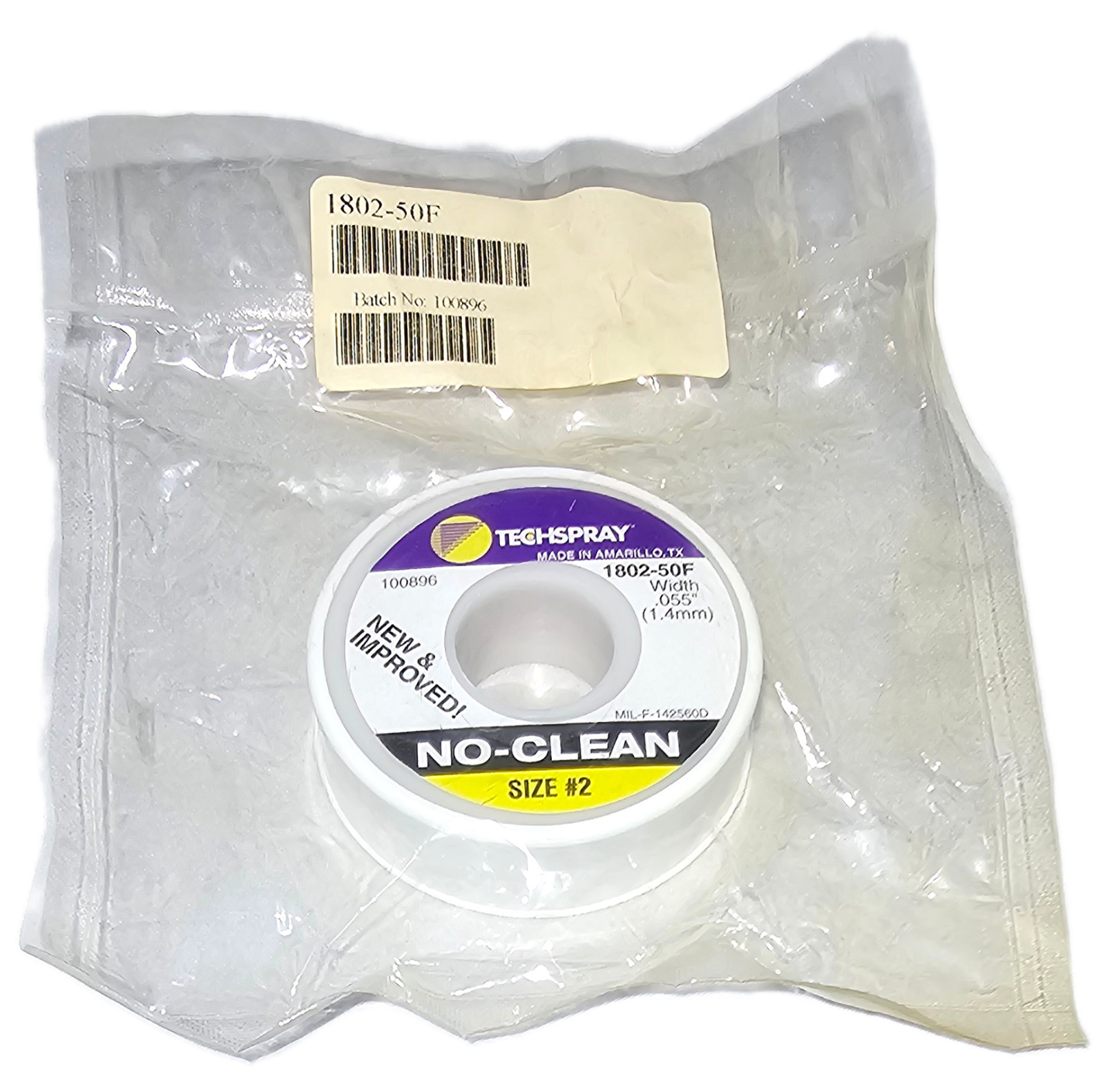 Techspray 1802-50F No-Clean #2 Desoldering Braid, 50' x 1.4mm, NEW