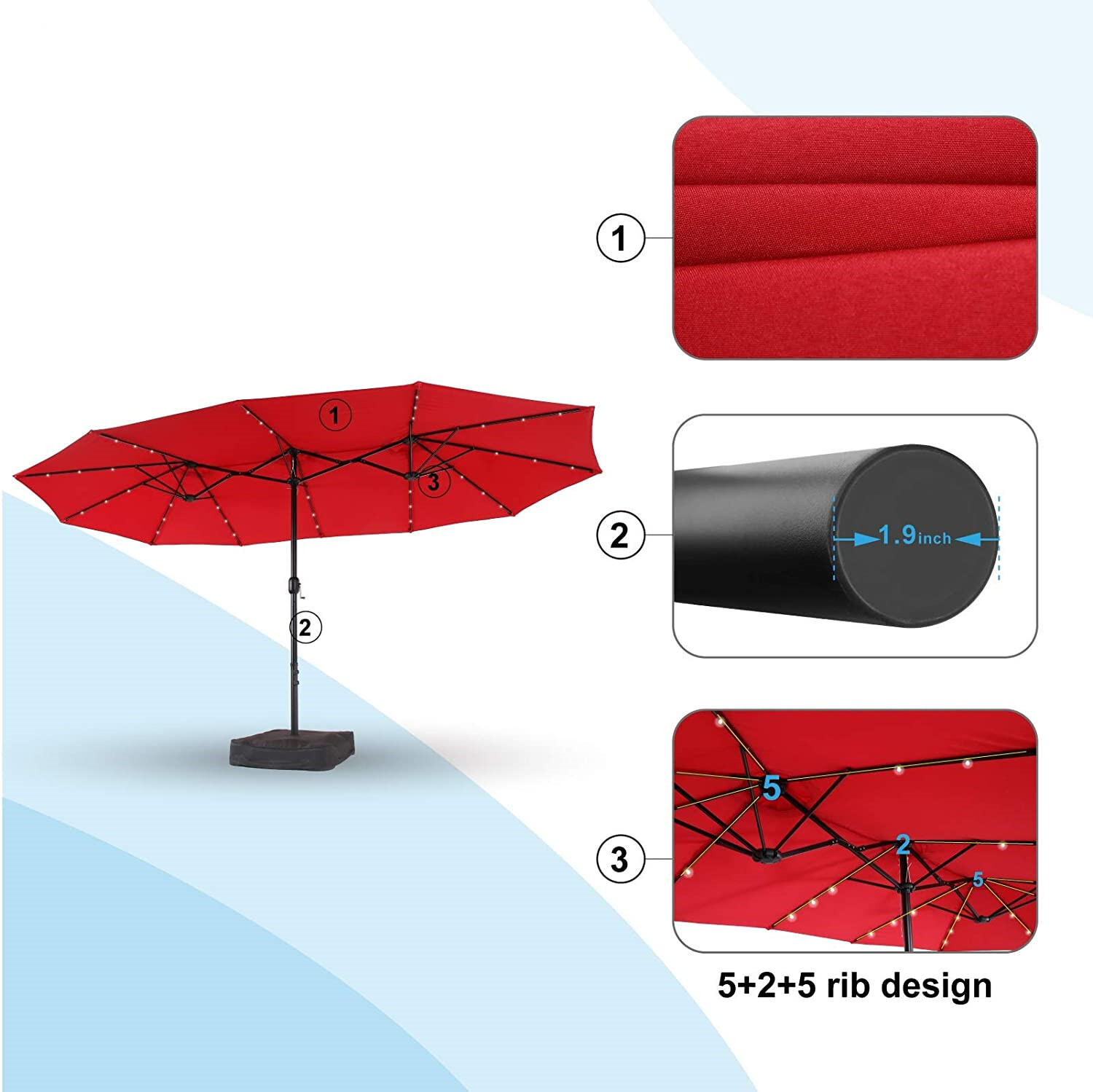 15FT Patio Umbrella Outdoor Double-Sided Umbrella with Solar Light 36 LED Lights