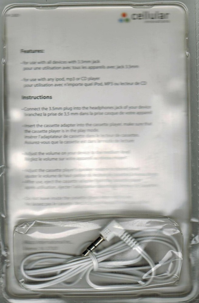 Cellular Innovations White Cassette Wired Playpack Adapter Stereo Mini Plug Car