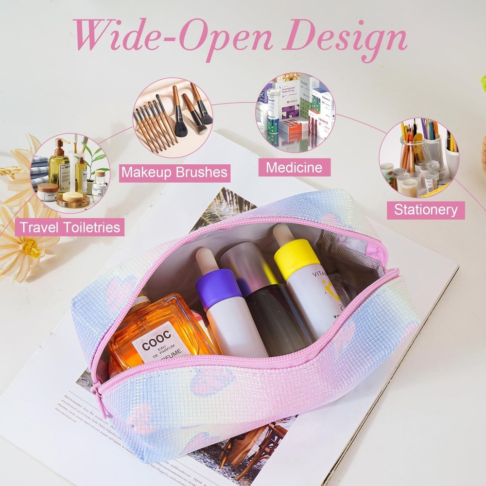 Makeup Bag, Portable Makeup Brush Pouch, Shiny Cool Heart Pattern Makeup Orga...