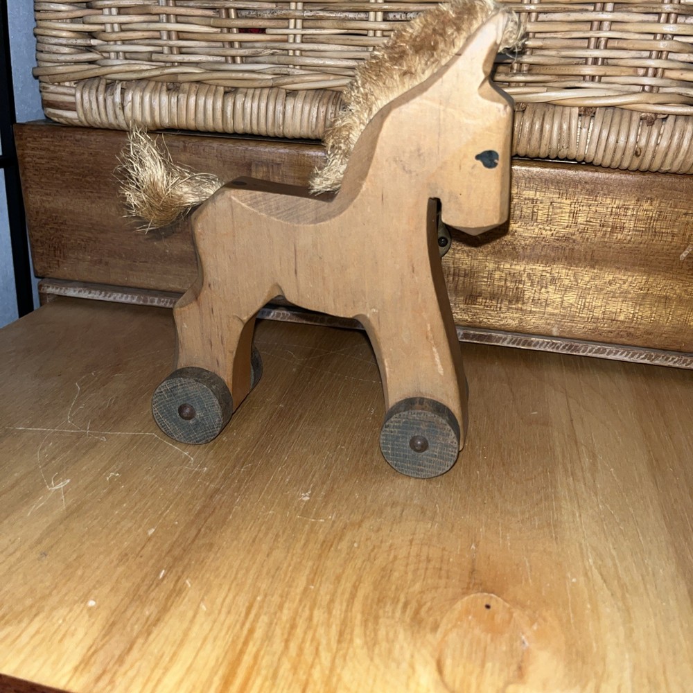Vintage Primitive Rustic Horse Pull Toy w/ Wheels