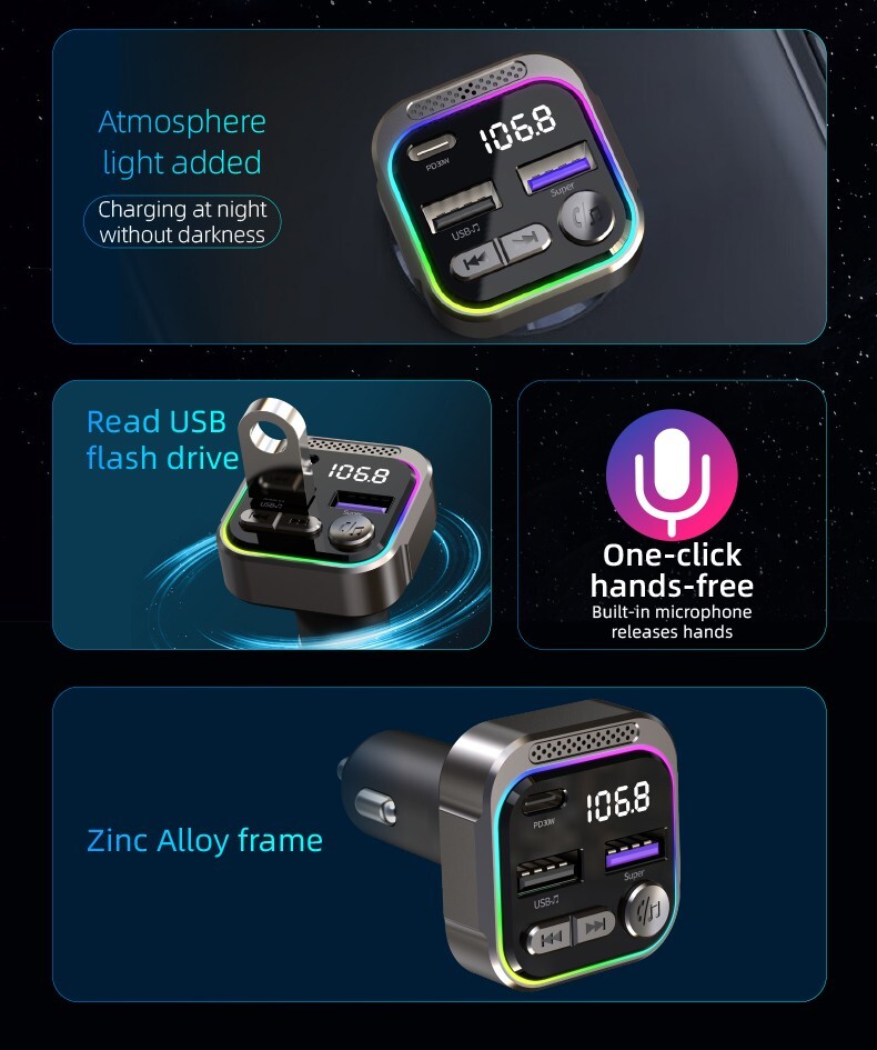 Car Bluetooth Transmitter & 30W Car charger dual port C & USB