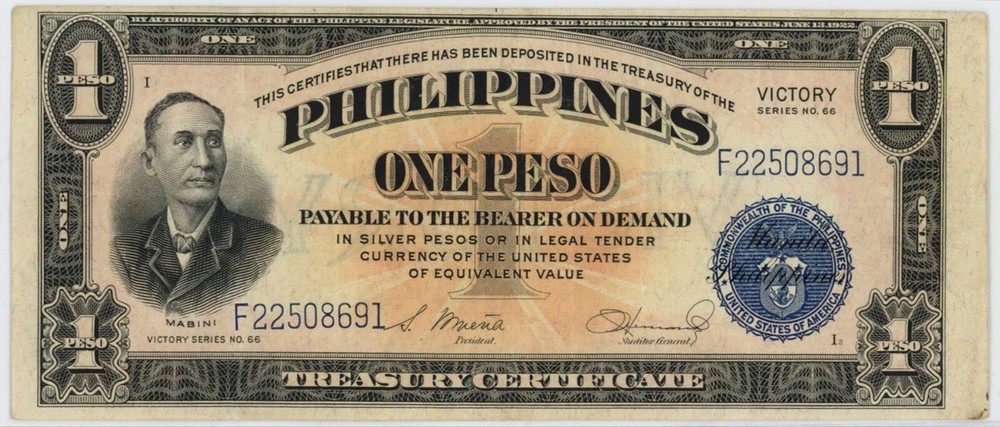 Philippines Treasury Silver Certificate One Peso, Blue Seal Victory Note