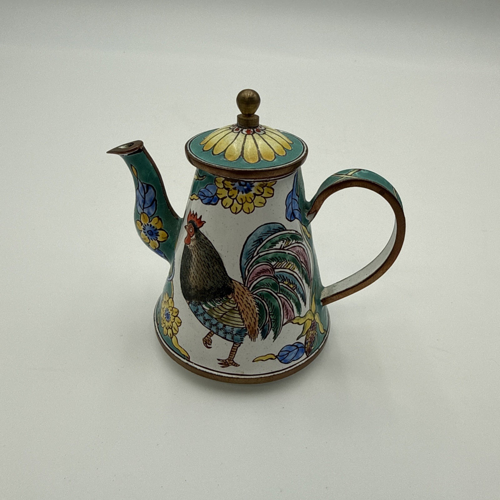 KELVIN CHEN Miniature Teapot 2000 Enameled Copper Rooster Chicken Florals #1852