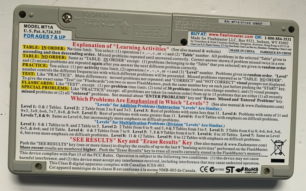 FlashMaster Math Tables Electronic Learning Tool MT1A Works