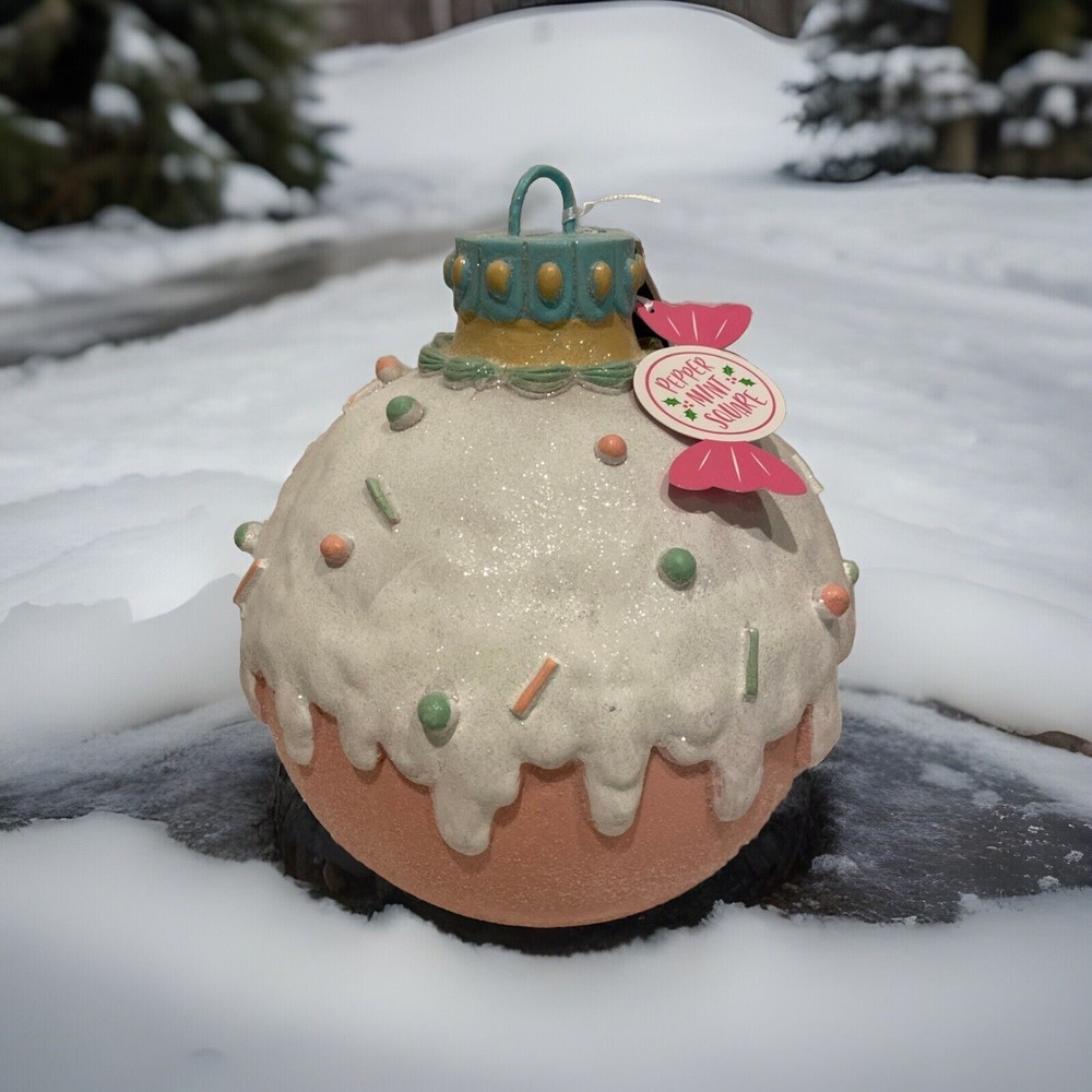 Large Ceramic Ornament Glitter Icing Pastry Theme Decor Peppermint Square