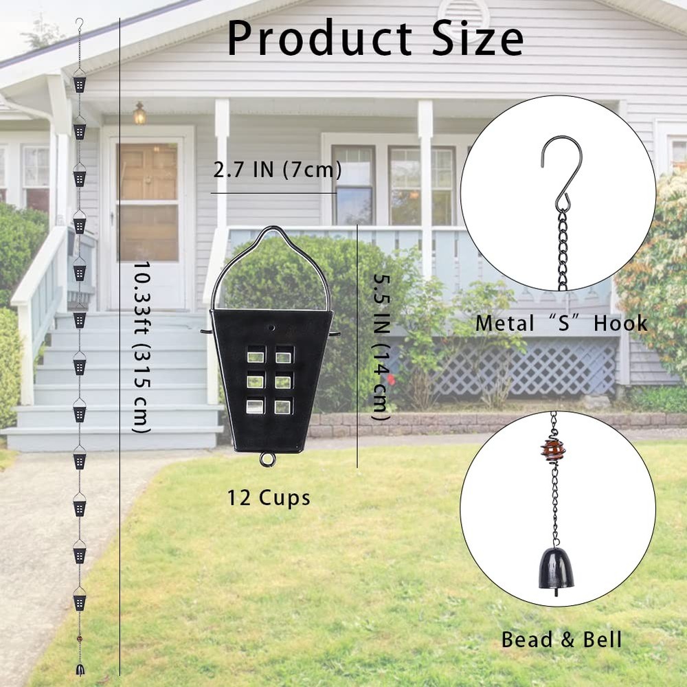 Qipade Square Rain Chain, 10 Ft Black Rain Gutter Chains with 12 Cups, Adjust...