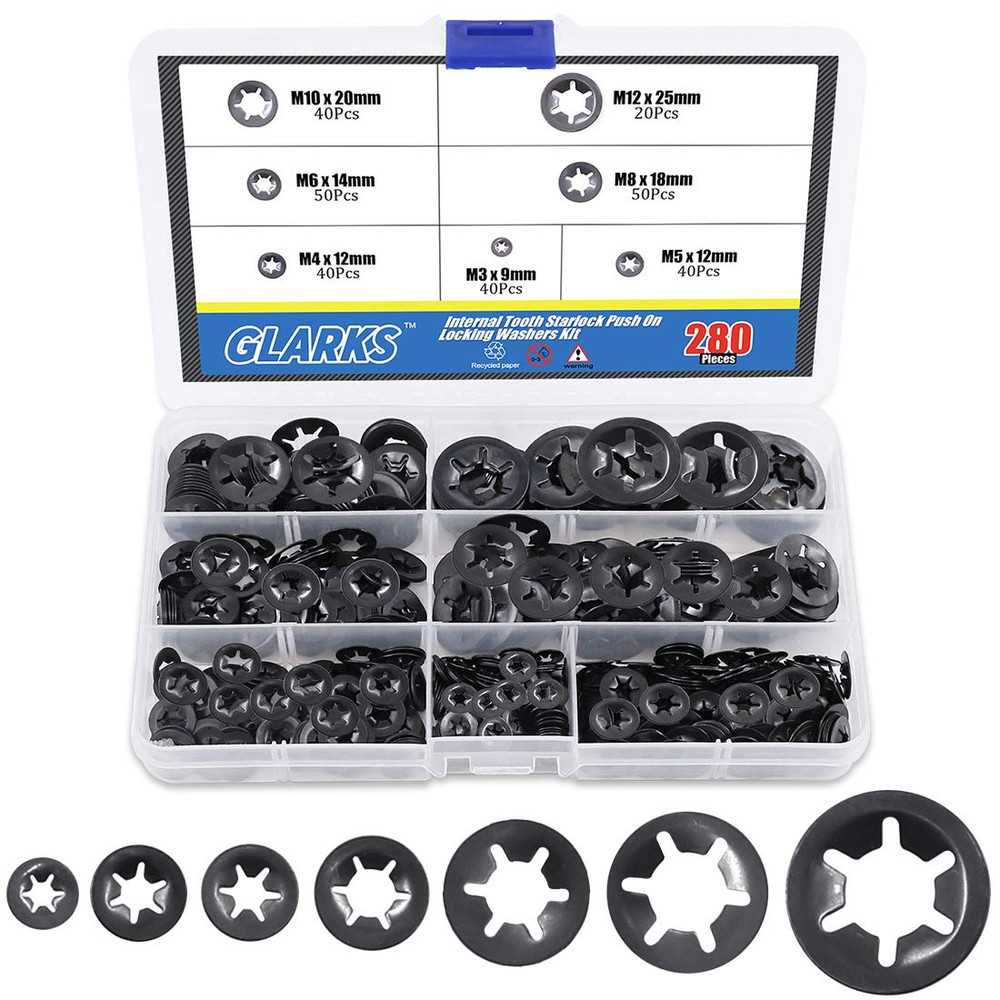 280Pcs Internal Tooth Starlock Push On Locking Washers Speed Clips Fasteners Ass