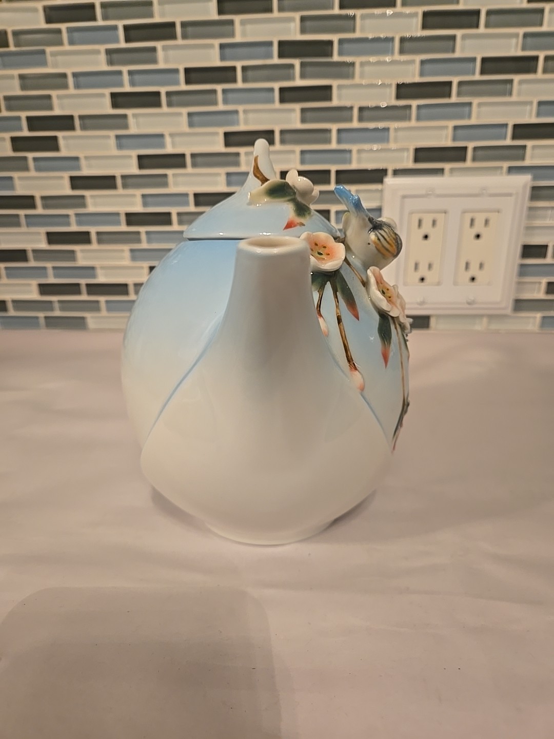 Pier 1 Imports Hand Painted Porcelain 3D Decorative Teapot Birds Flowers 7”