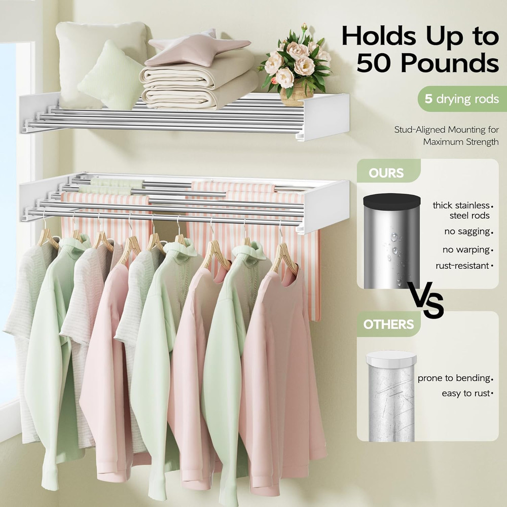 Wall Mounted Clothes Drying Rack 32", Foldable Wall Mount Laundry Rack Folding I