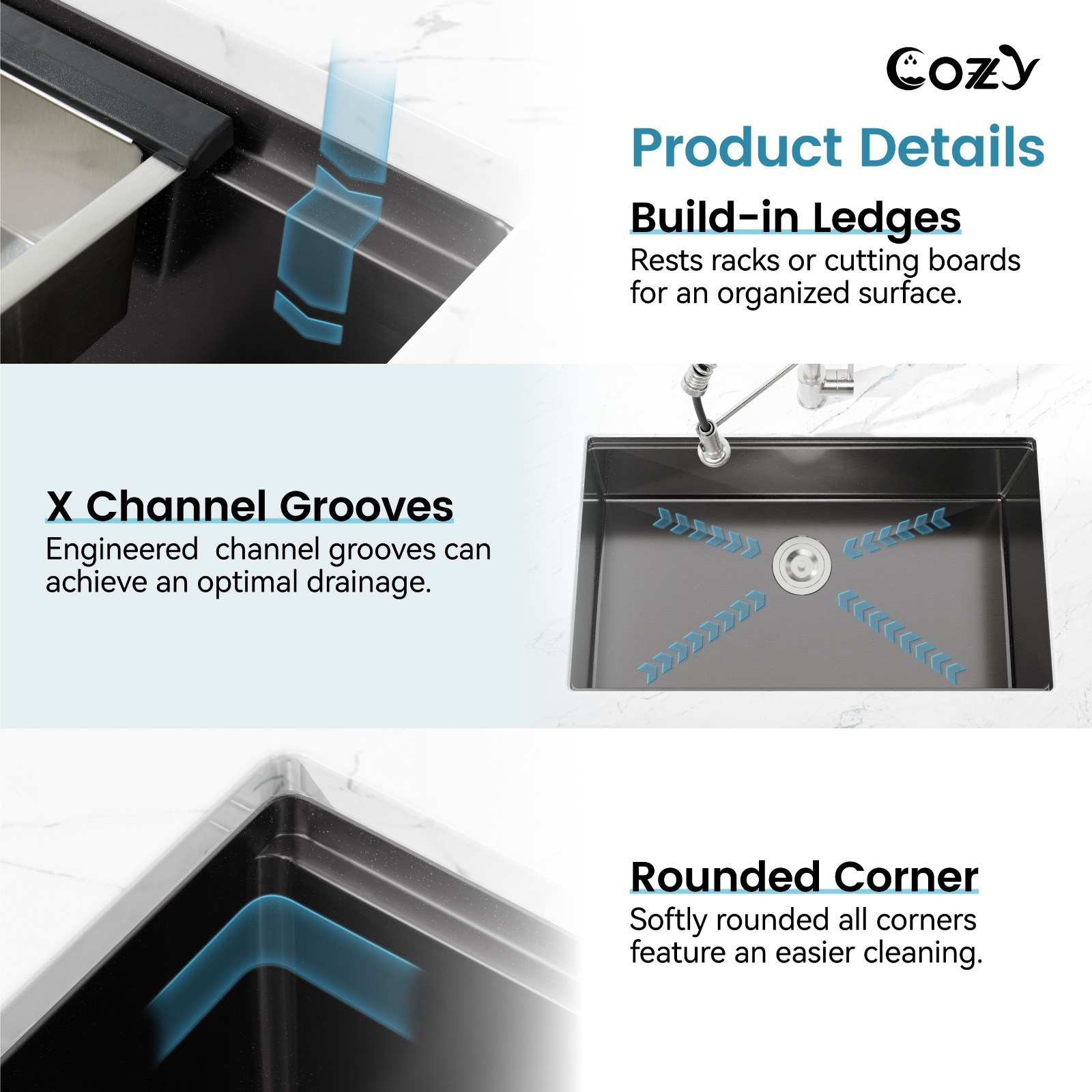 Cozy undermount stainless steel Black sink 30x19x10 inch with accessory