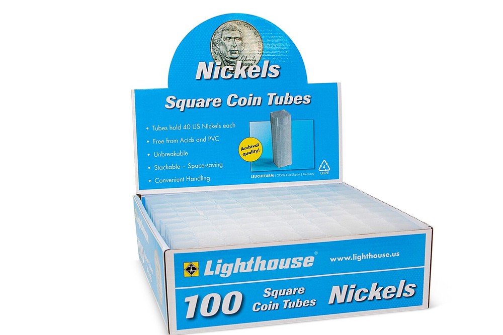 100 US Nickel Square Coin Tubes Archival Stackable Durable Lighthouse Box New