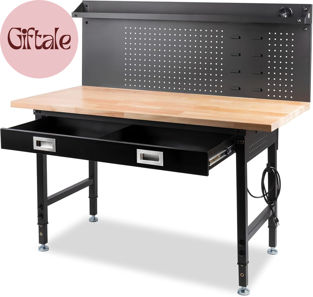 60" Workbench with Drawers, Work Benches for Garage with Strip Light, Adjustable