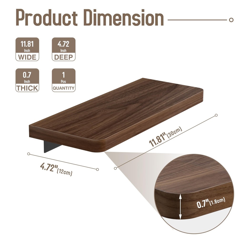 12 inch Solid Walnut Floating Shelf - Versatile Wall Shelf for Kitchen, Bathr...
