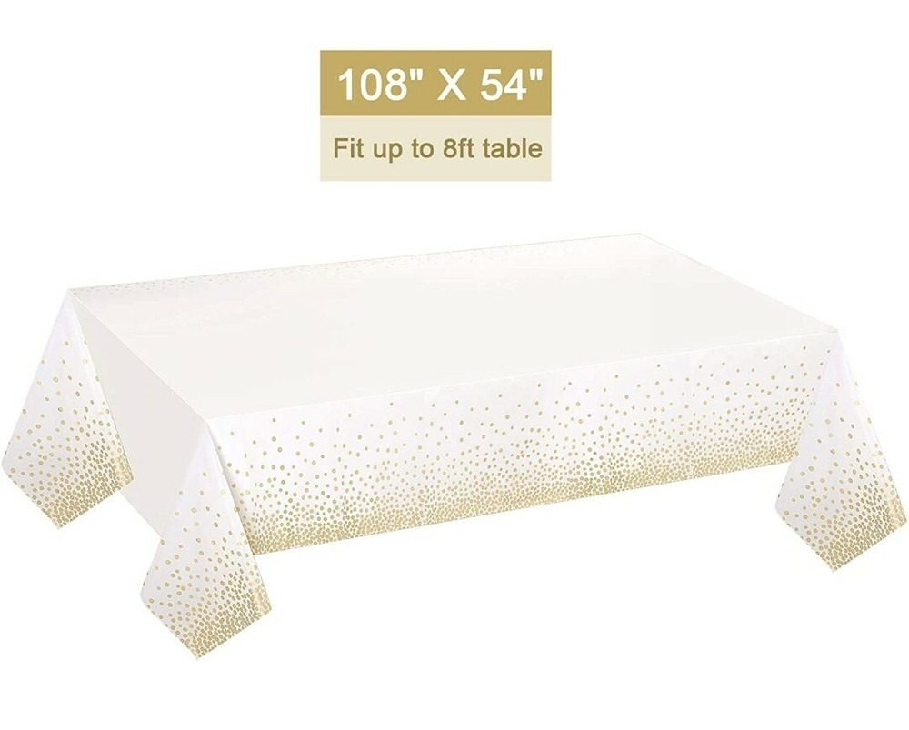 4 Pack White and Gold Tablecloth for Rectangle Tables, Plastic Disposable Covers