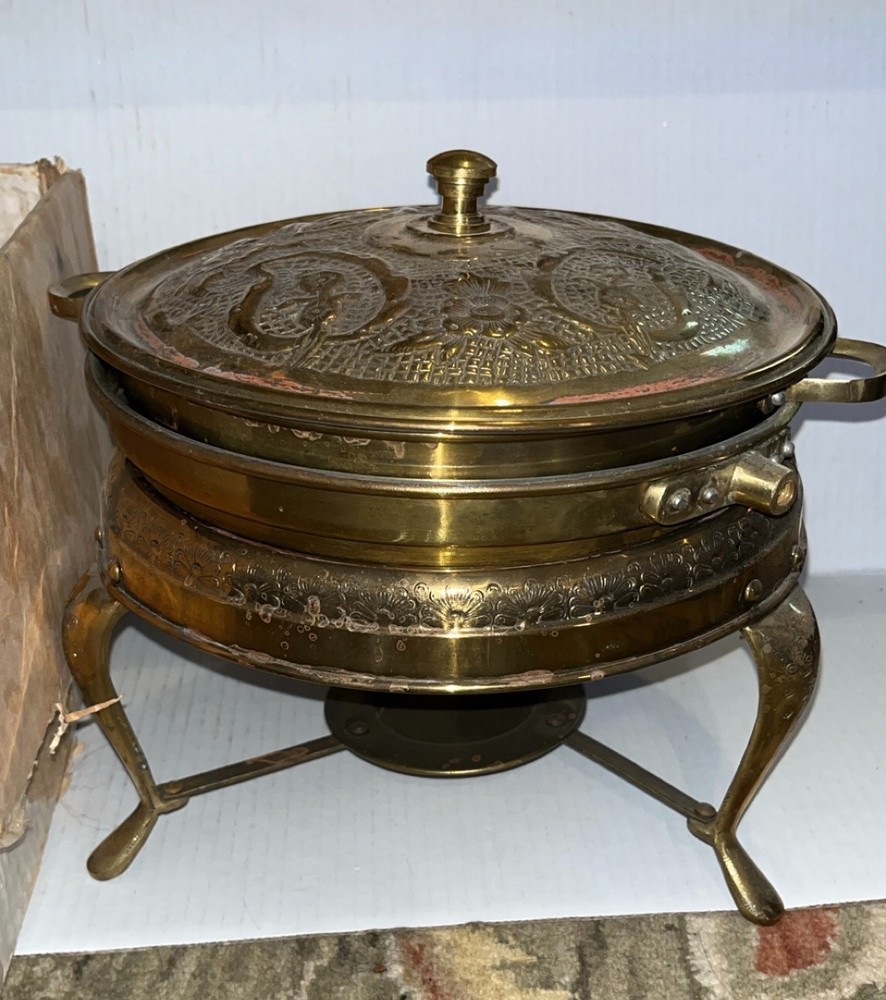 RARE RESEARCH 1st Vtg Darius solid brass middle eastern chafing dish warming pan