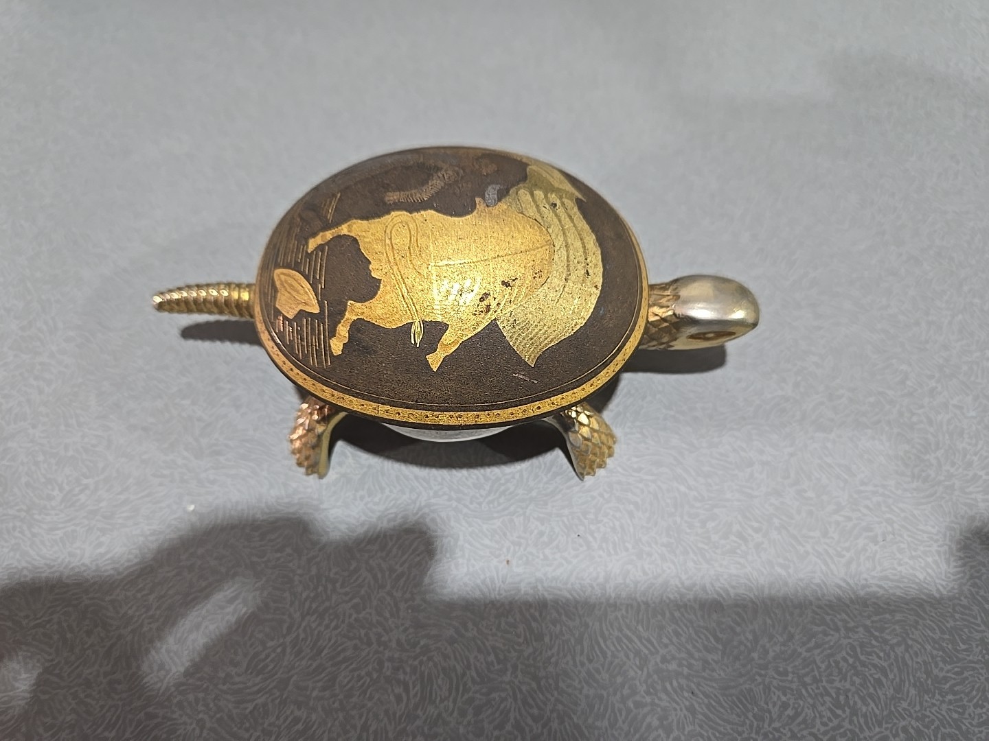 Vintage damascene brass turtle hotel/desk bell made by BOJ in Eibar, Spain