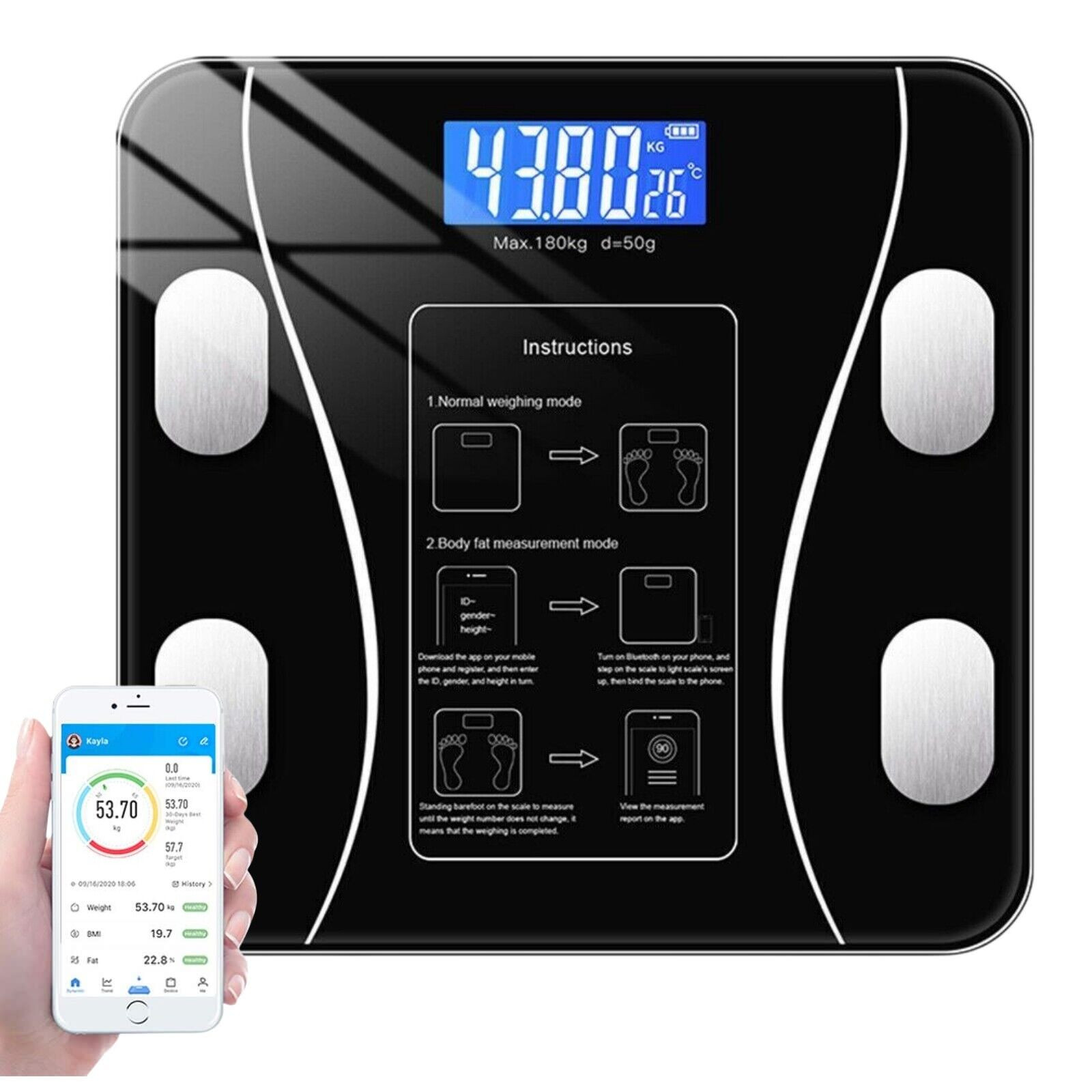 Digital Body Weight Scale Backlit Display High Precision Bluetooth BathroomScale