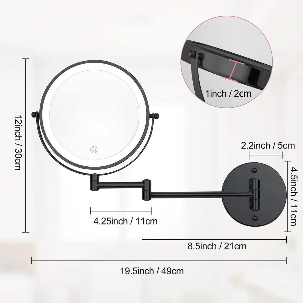 Rechargeable Wall Mounted Lighted Makeup Mirror 8" Double-Sided Magnifying Va...