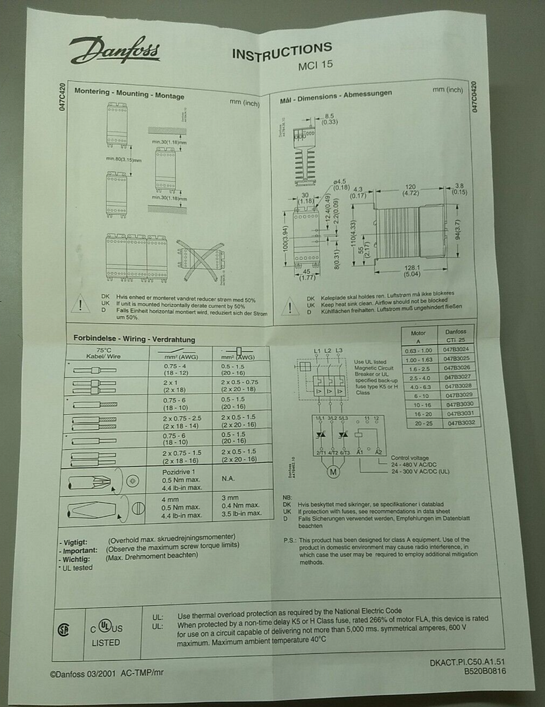 DANFOSS 037N0037 SOFT STARTER MOTOR CONTROLLER MCI 15 (B312)