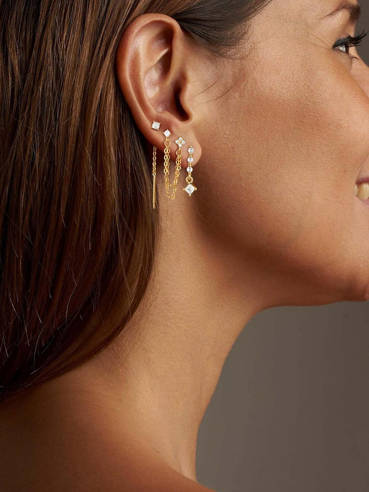 14K Gold Plated Dangle Earrings Set CZ Hoop Stud Stack