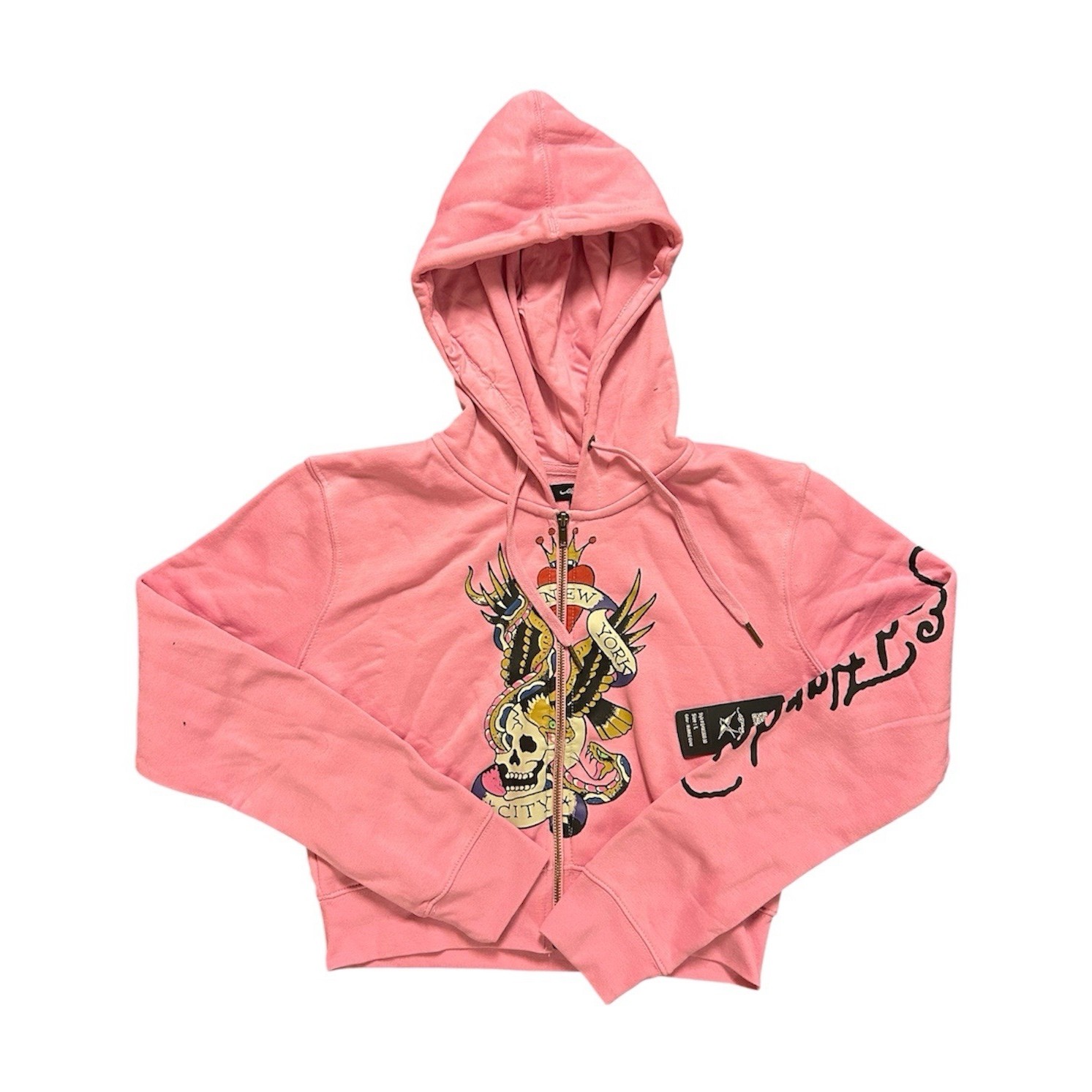 Ed Hardy Pink Cropped Graphic Zip Hoodie Tiger Skull Tattoo for Women