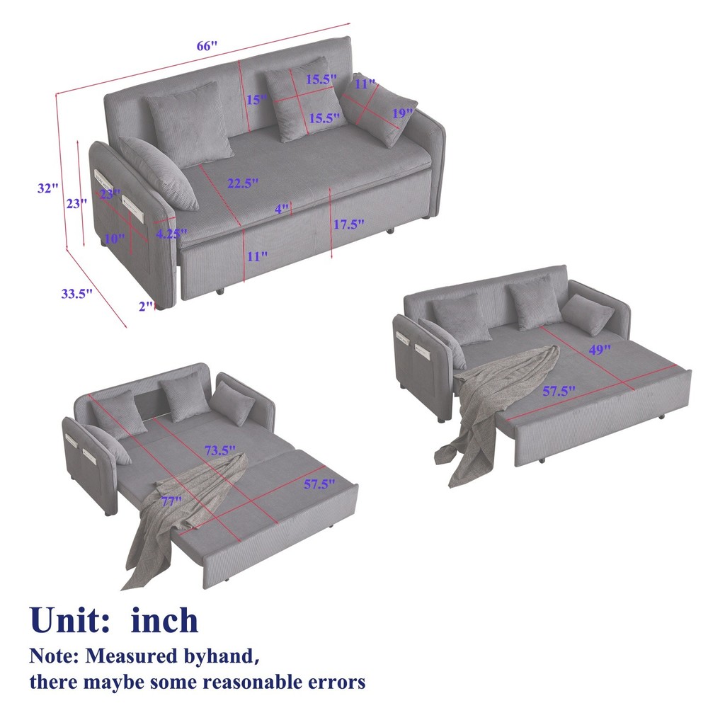 Convertible Sofa Bed 3 in 1 Multi-Function Folding Sleeper Sofa Bed w/ Pillows