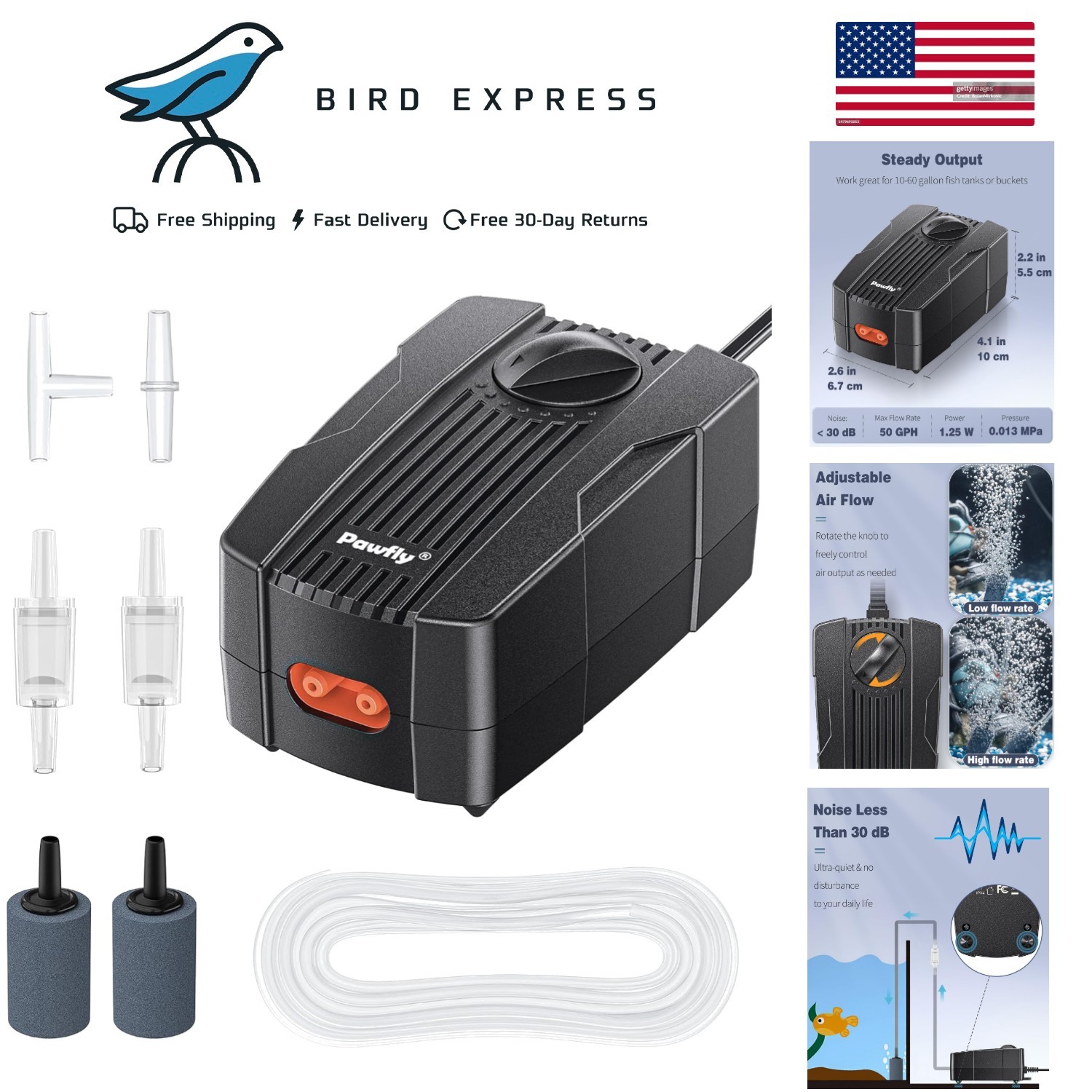 Aquarium Air Pump for 10-200 Gallon Fish Tanks Dual Outlet Adjustable Quiet