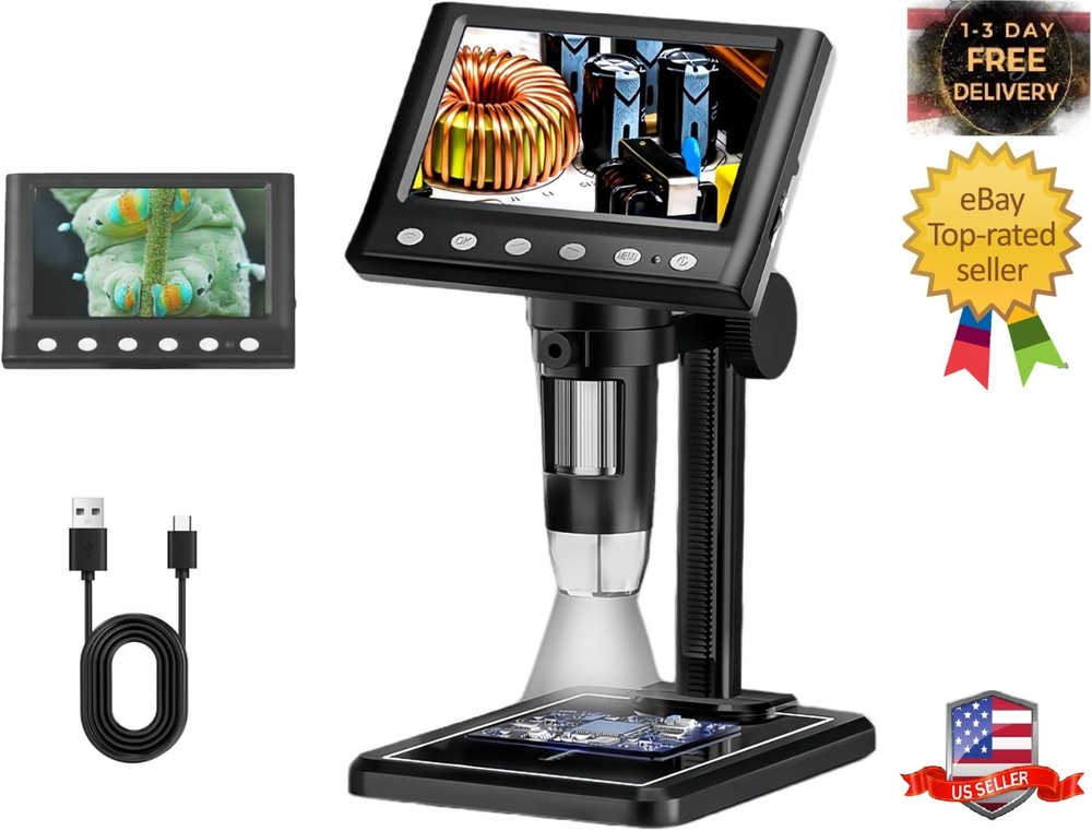 Digital Microscope with 4.3" LCD Screen, 1000X USB Coin Magnifier, Black