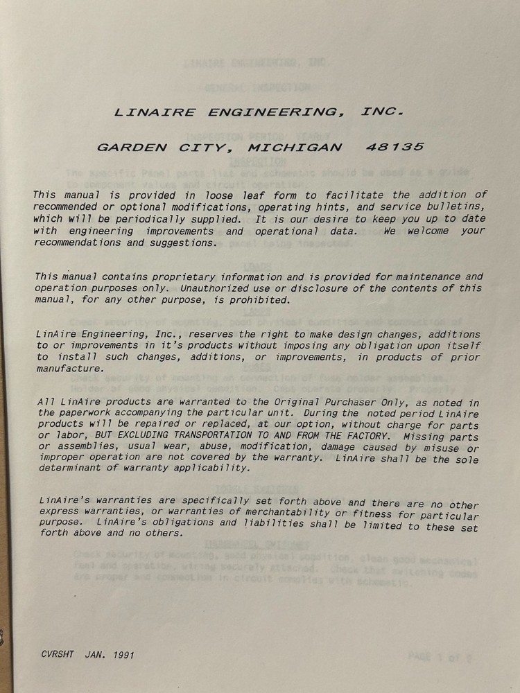 LINAIRE ENGINEERING LSX 4 TEST PANEL MANUAL