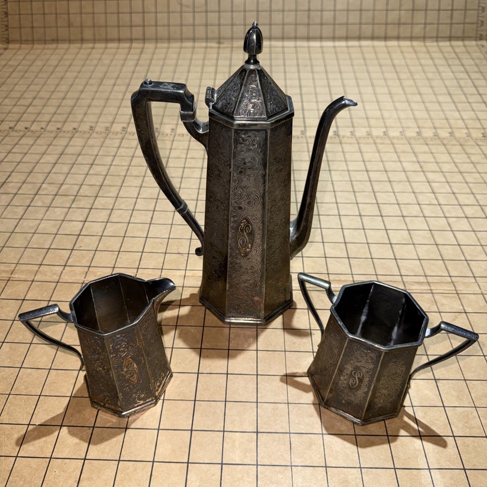 Vintage Derby Silver Plate Octagon Tea Pot Set SEE PICTURES