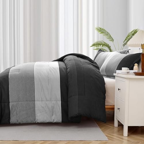 Comforter Set Reversible Grey Stripe Down Alternative Comforter Queen Black