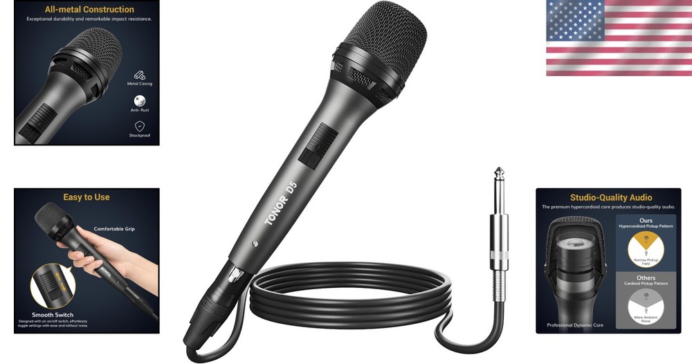 Durable Dynamic Microphone with Hypercardioid Pattern for Crystal-Clear Sound