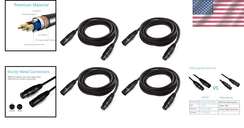 Professional 10ft DMX Cable Wire 4 Pack - Moving Head Lights