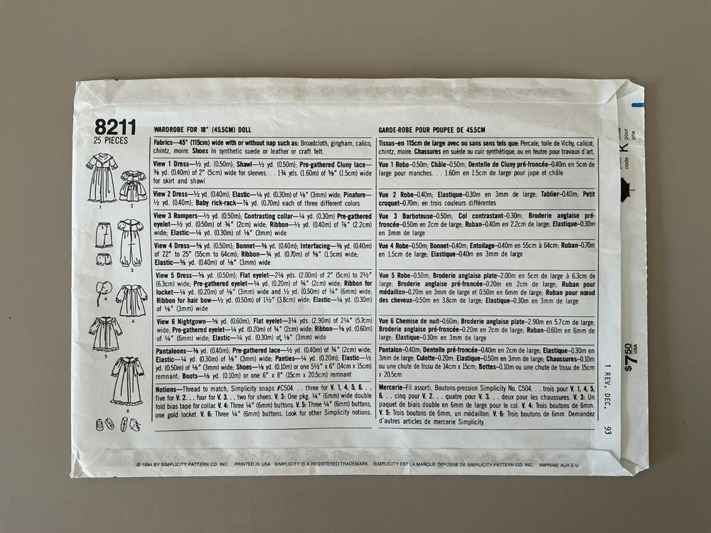 1990's Simplicity Wardrobe for Doll Pattern 8211 Size 18" UNCUT