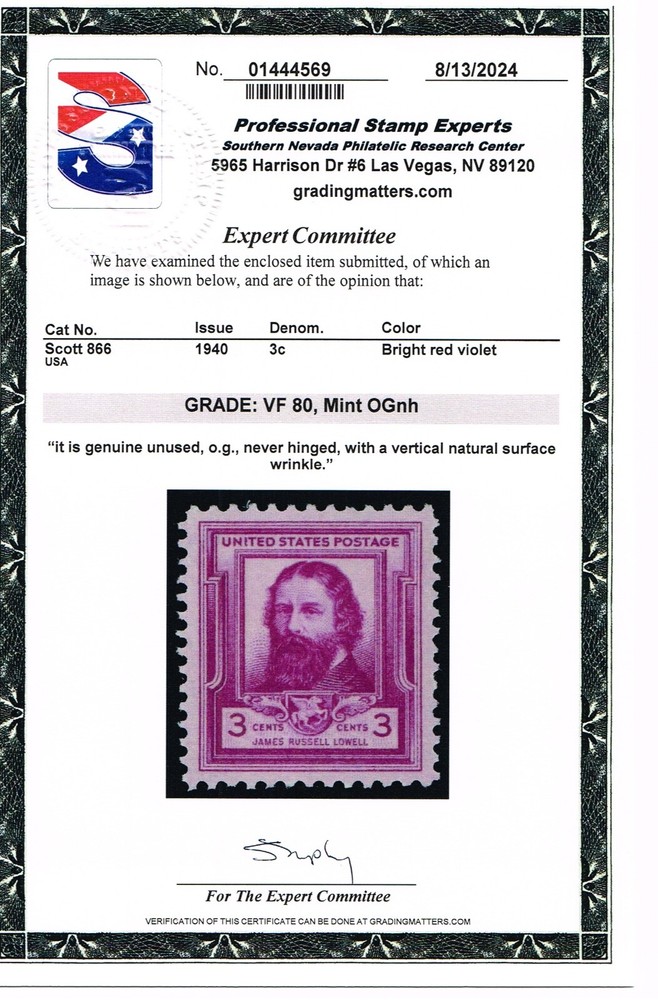 EXCELLENT SCOTT #866 MINT PRISTINE ORIGINAL GUM NH - PSE CERT GRADED VF-80