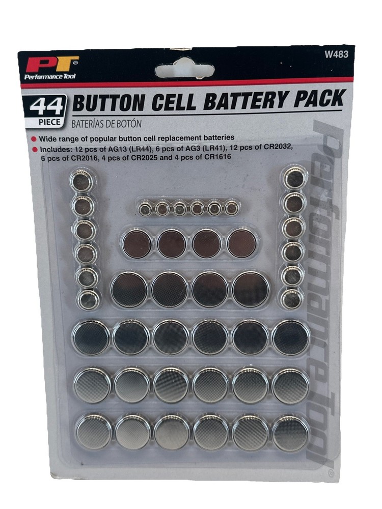 44 Piece Button Cell Battery Variety Pack W483 by Performance Tool 2 Pack