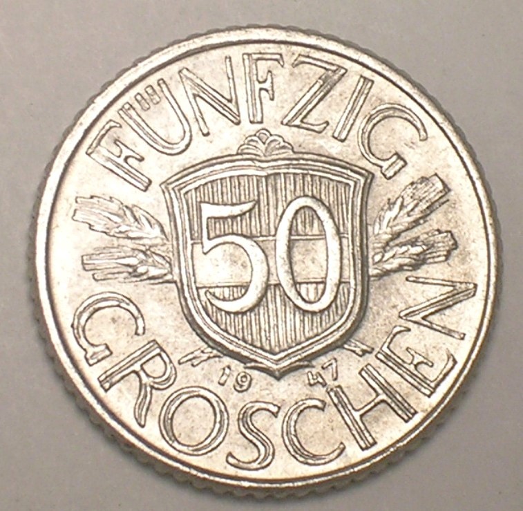 1947 Austria Austrian 50 Groschen Shield Eagle Coin VF+