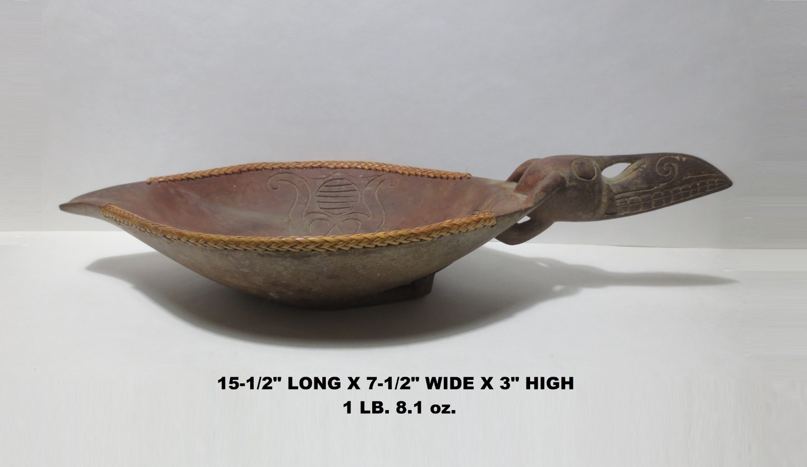 RARE! ANTIQUE! c1900 BORNEO "ASO DRAGON" CARVED WOOD BOWL w WEAVED RATTAN RIM