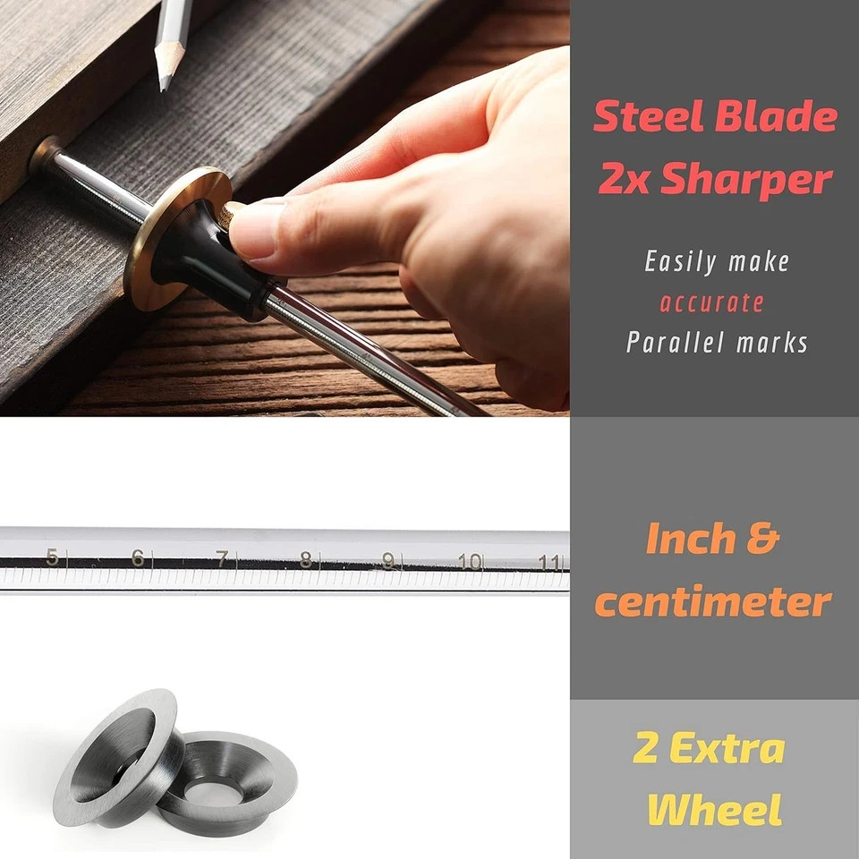 Wheel Marking Gauge, 2 Extra Blades, Laser Engraved Graduations, Solid Brass Fac