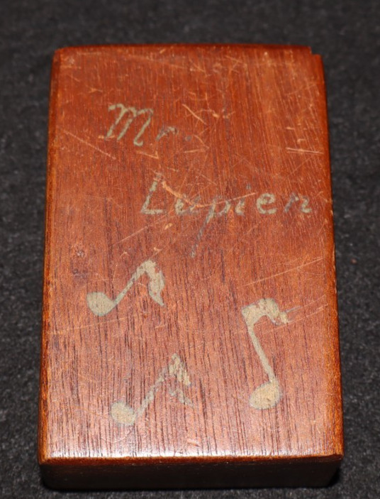 WWII Era Personal Cigarette Case Box Wood Slide Top Mr. Lupren w/ Musical Notes
