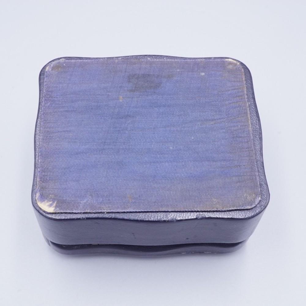 Sterling Silver Repousse Plaque Blue Leather Lined Trinket Box